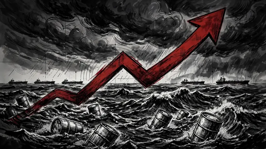 Symbolic illustration of rising oil prices and tankers after the Hormuz oil tanker attacks