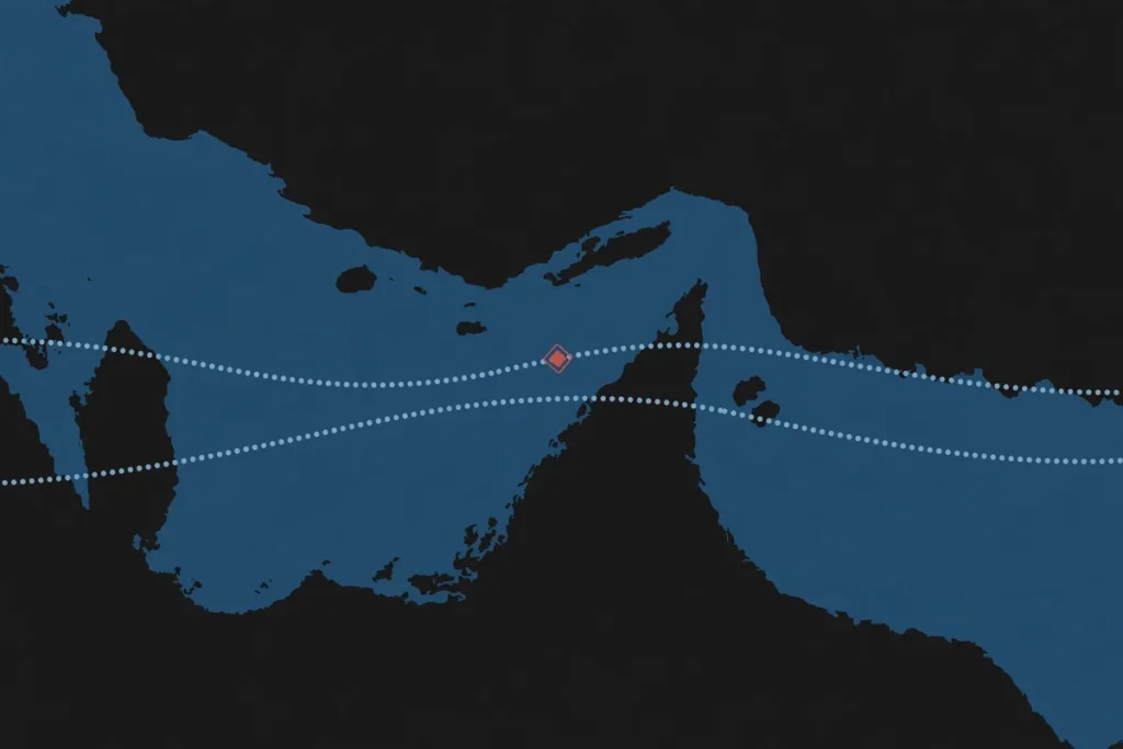 Strait of Hormuz shipping lanes map showing authorised tanker routes and the area of the October 2026 mine strike claims