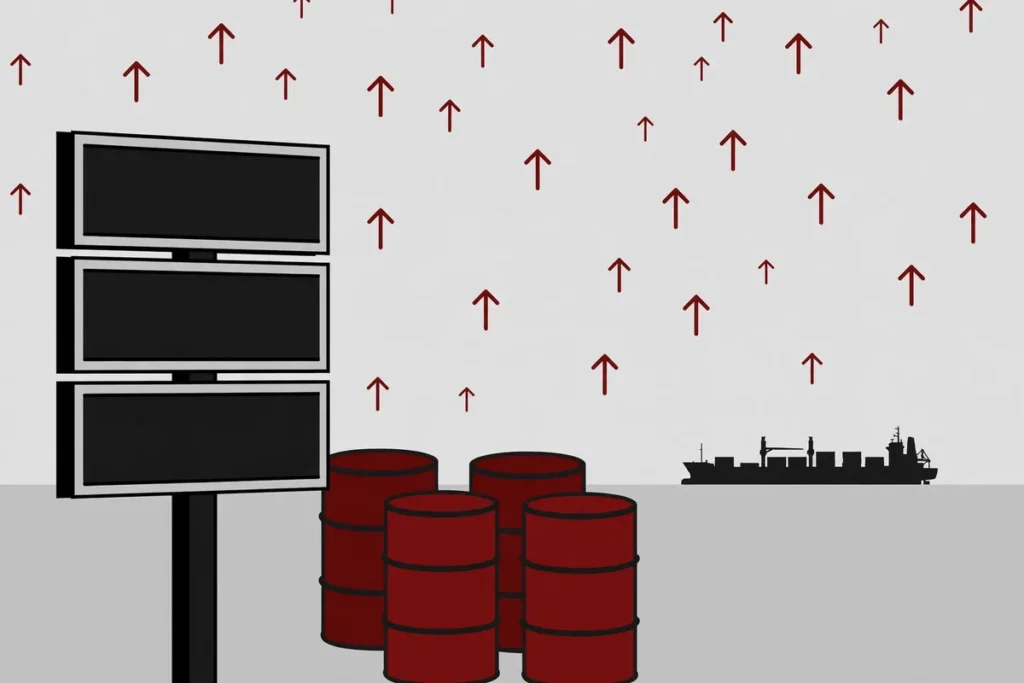 Illustration of rising fuel costs from the Hormuz tanker attacks, with oil barrels and a cargo ship