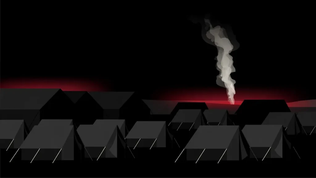 Editorial illustration of the al-Alam military camp at night following the Houthi missile strike in Shabwa