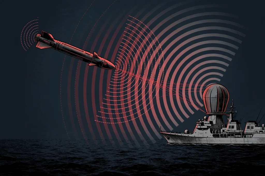 AI-generated illustration showing how an anti-ship missile seeker finds its target, with radar wave arcs between missile and warship