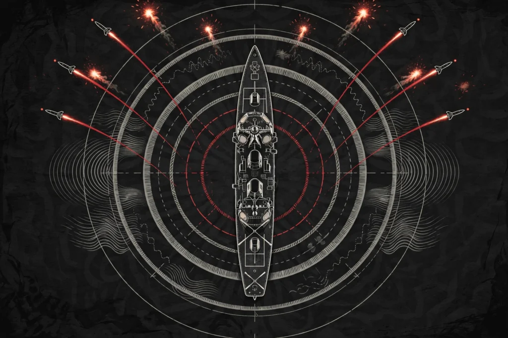 AI-generated illustration of a warship protected by layered air defence rings with interceptor missiles and decoy flares