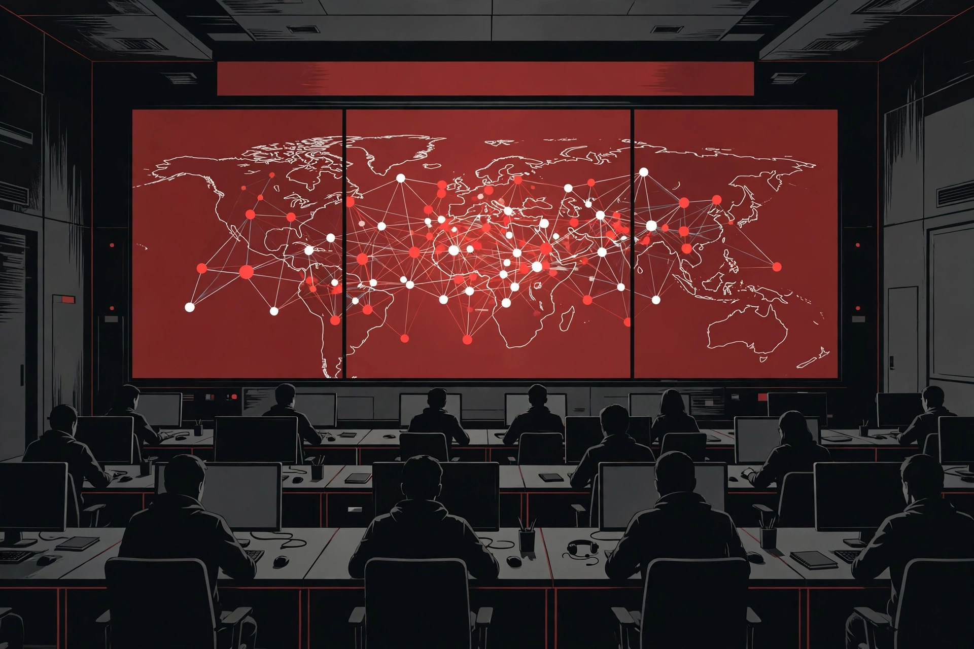 Cyber operations center with fraud link-analysis chart — how cybercrime takedowns work