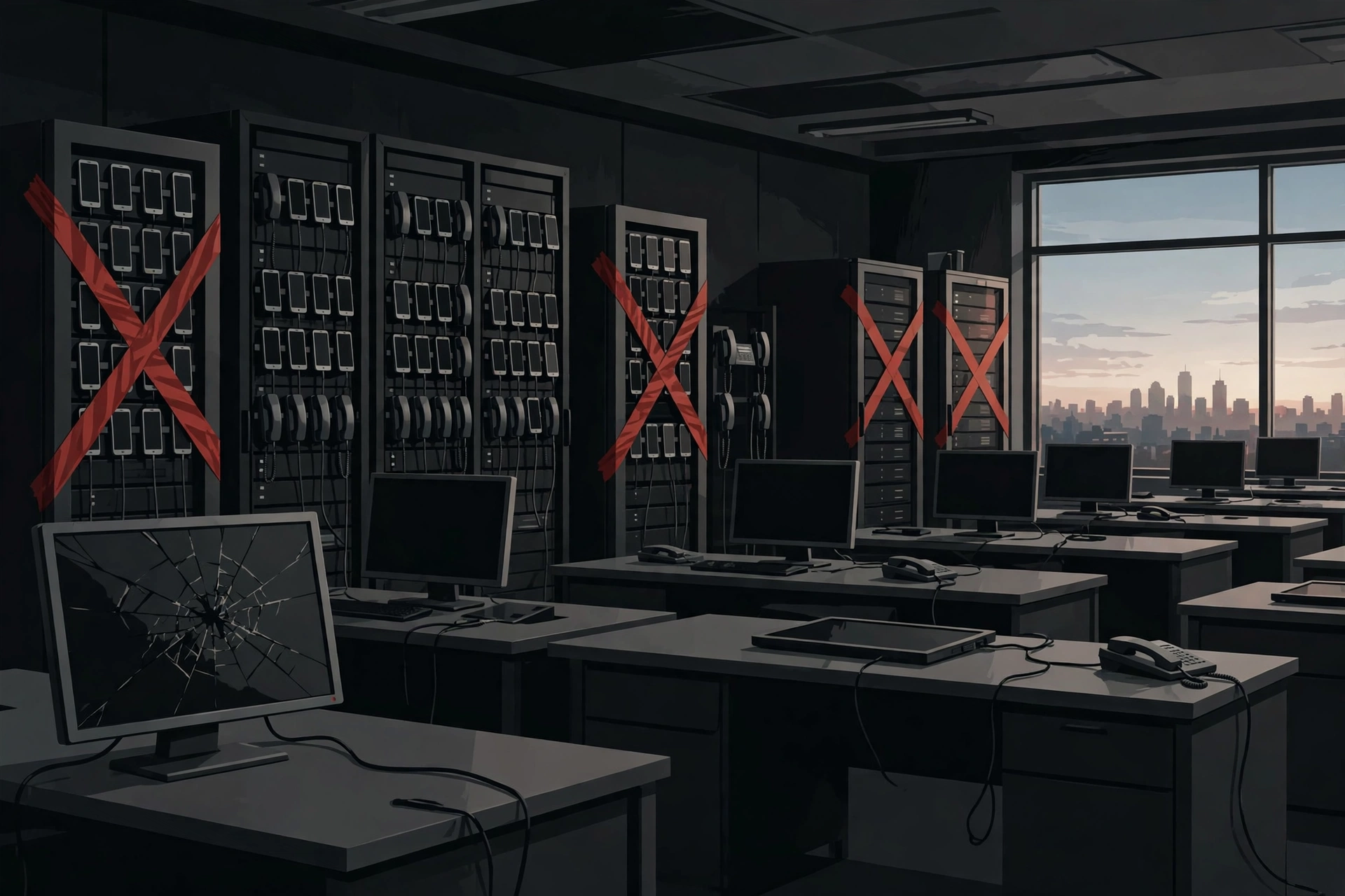 Dismantled scam compound with seized phone-farm racks — cybercrime takedown raids