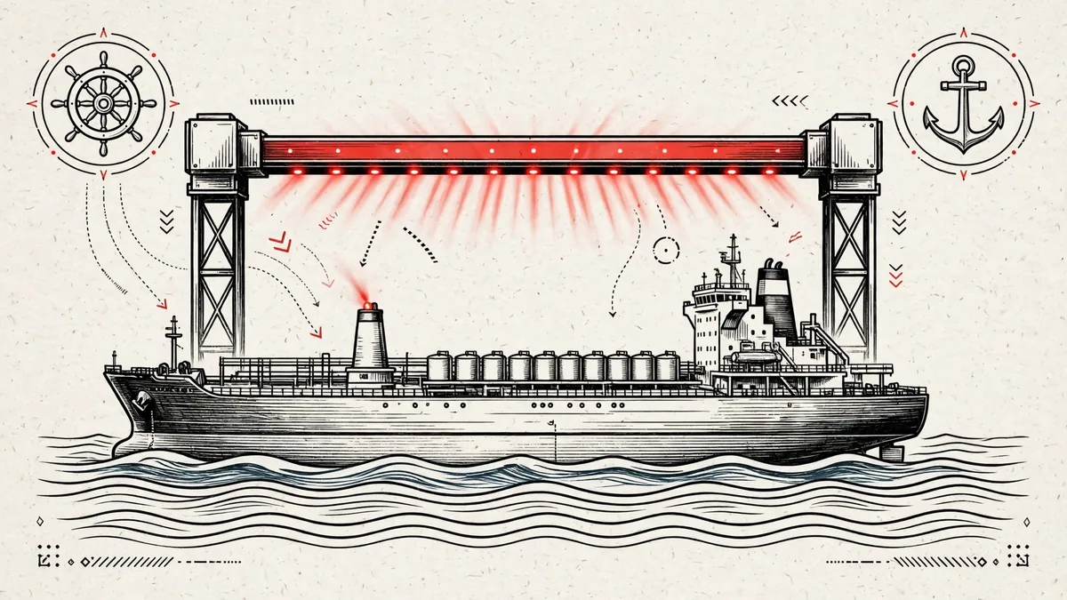 Editorial illustration of the oil price cap mechanism: a tanker passing under a red enforcement barrier