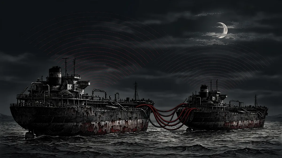 Editorial illustration of a dark shadow-fleet tanker conducting a covert ship-to-ship oil transfer at night