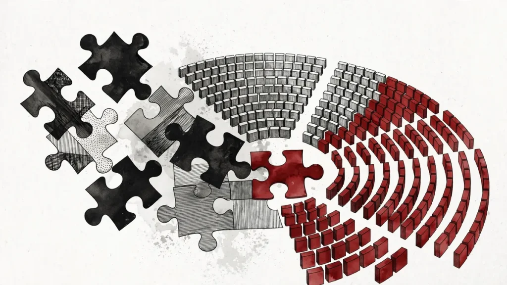 How Israel Forms a Government: From 120 Knesset Seats to 61 1 Abstract illustration of coalition puzzle pieces forming parliamentary seats in Israel's Knesset
