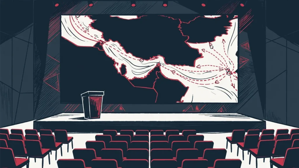 Illustration of the Manama Dialogue 2026 summit stage with an Arabian Gulf map