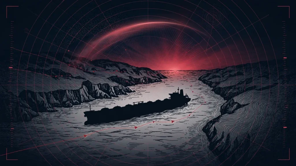 Illustration of an oil tanker transiting the Strait of Hormuz at dawn