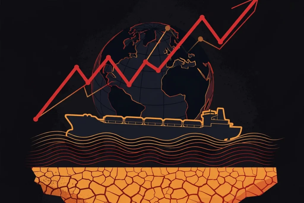 Illustration of a rising oil price chart over a globe with an oil tanker, symbolising the Iran war's economic shock