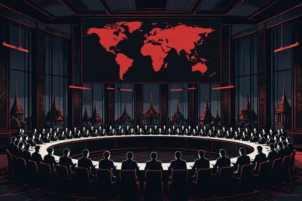 Illustration of delegates in a conference hall with a world map at the IMF-World Bank Annual Meetings 2026