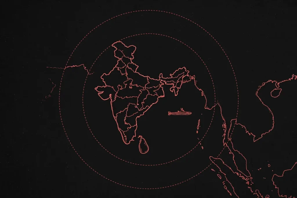 AI-generated editorial infographic map of the Indian Ocean showing 3,500 km missile range rings from India