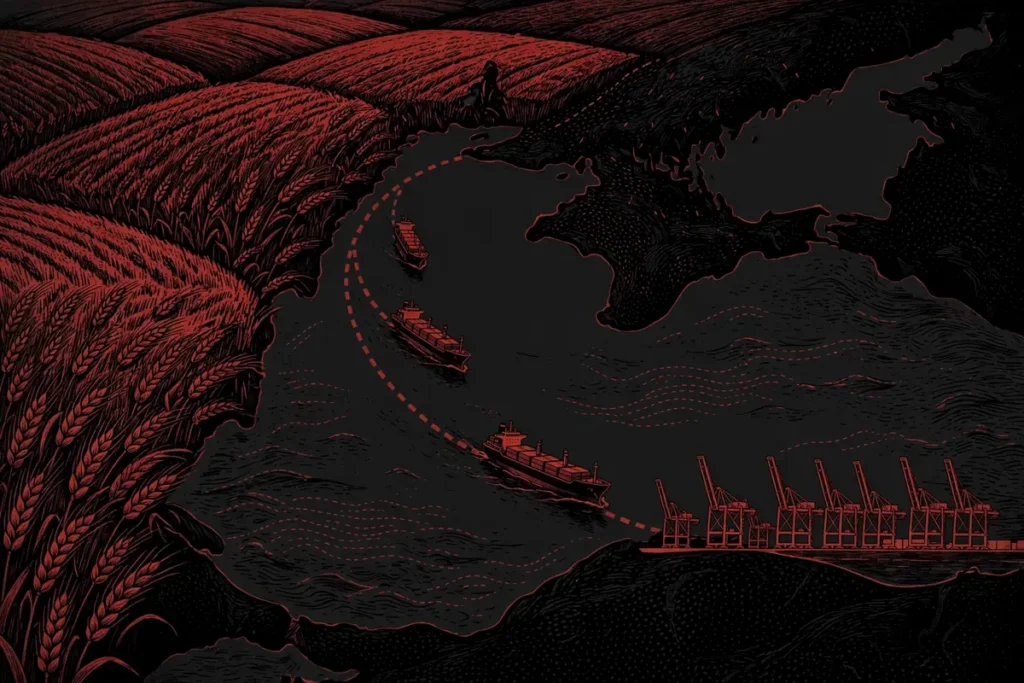 Illustration of cargo ships on a grain corridor route across the Black Sea, relating to the India Ukraine ceasefire proposal