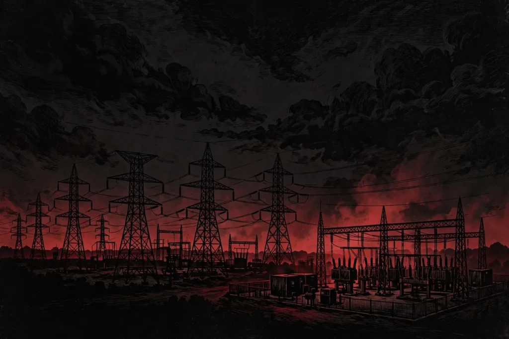 Illustration of power grid pylons at dusk, relating to the proposed energy ceasefire in the India Ukraine ceasefire proposal