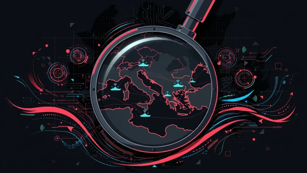 Magnifying glass over a nautical chart with ship icons and data streams illustrating OSINT vessel tracking methods