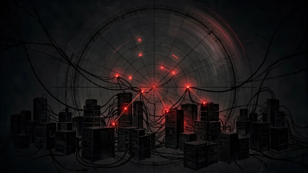 Magnifying radar overlay revealing exposed server nodes, illustrating discovery of internet-facing infrastructure