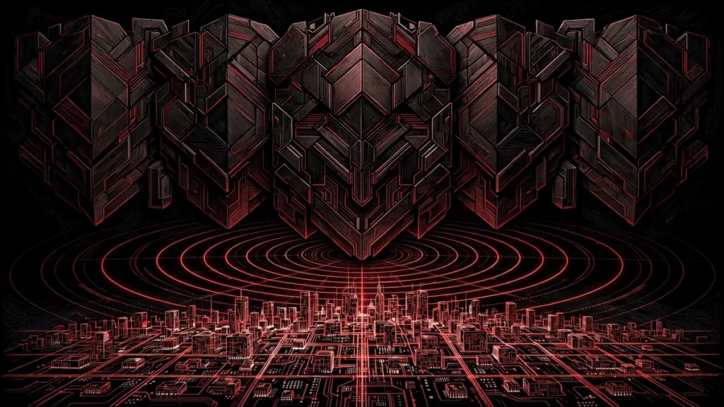 Shield wall of interlocking panels defending a circuit-grid city, representing layered military cyber defense