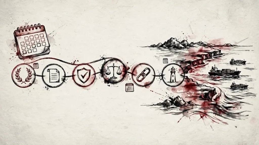 Symbolic seven-step timeline illustration for the Iran diplomacy crossroads report