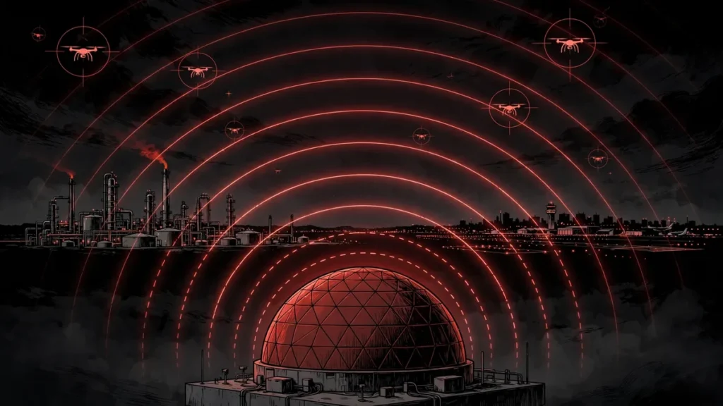 AI-generated editorial illustration of an air-defense radar and drone-threat scene over a Saudi energy and airport skyline at night, in black and red tones