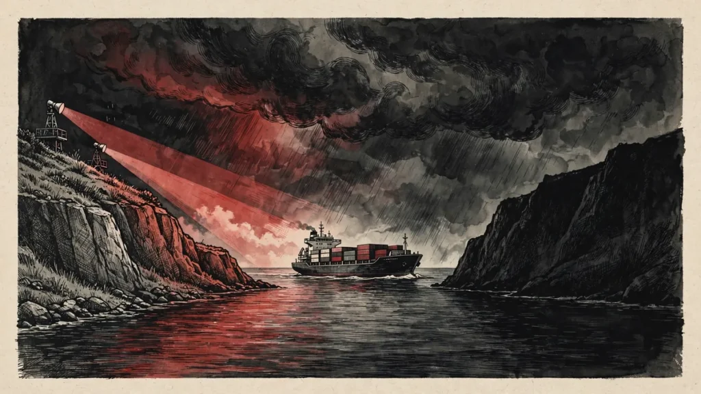 Oil tanker passing through a contested strait under dark skies, illustrating the Hormuz standoff