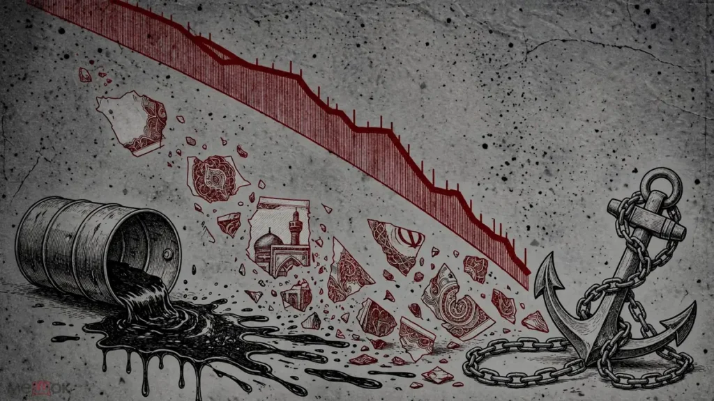 Editorial illustration of a collapsing red chart, dissolving banknotes and a tipped oil barrel symbolizing Iran's economic pressure under sanctions