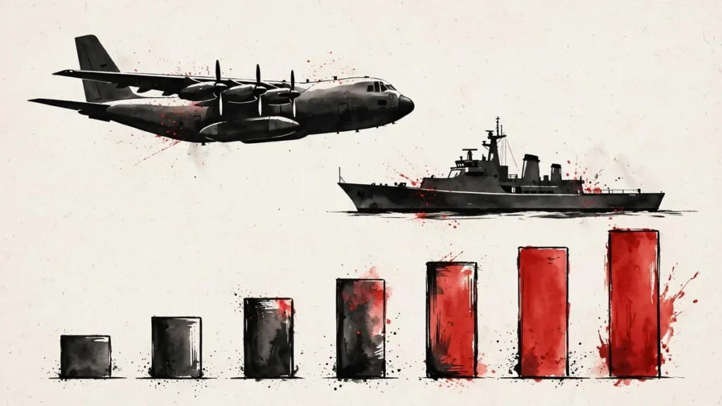 Editorial illustration of US military aircraft and a naval vessel with cost-chart bars, for the Iran war cost explained