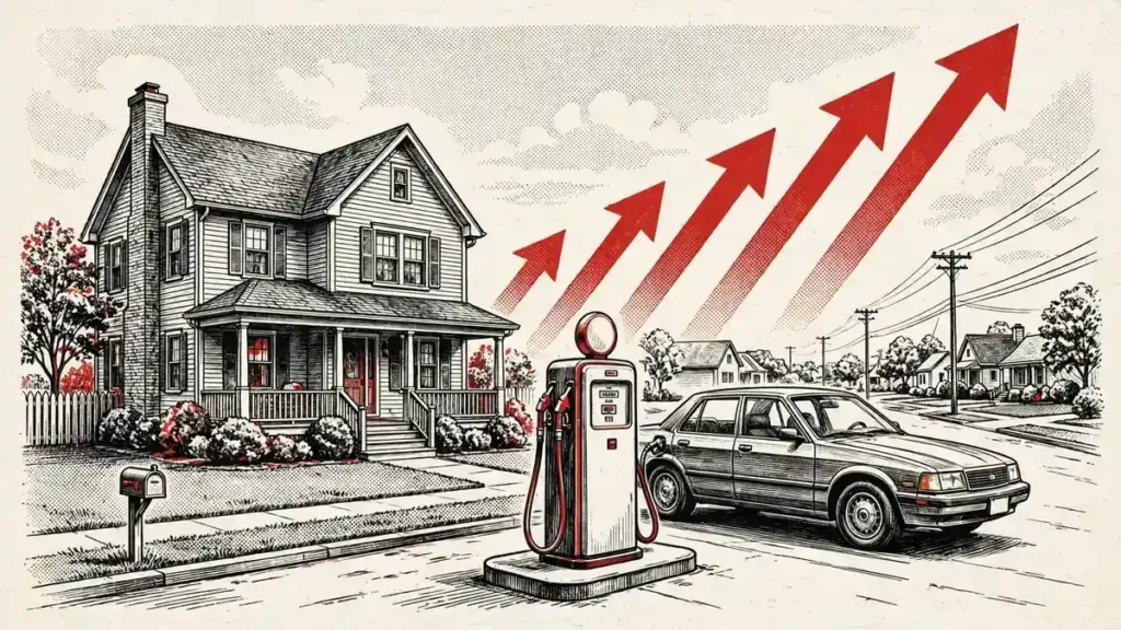 Editorial illustration of an American household street scene with a car at a fuel pump, for the Iran war household cost explained