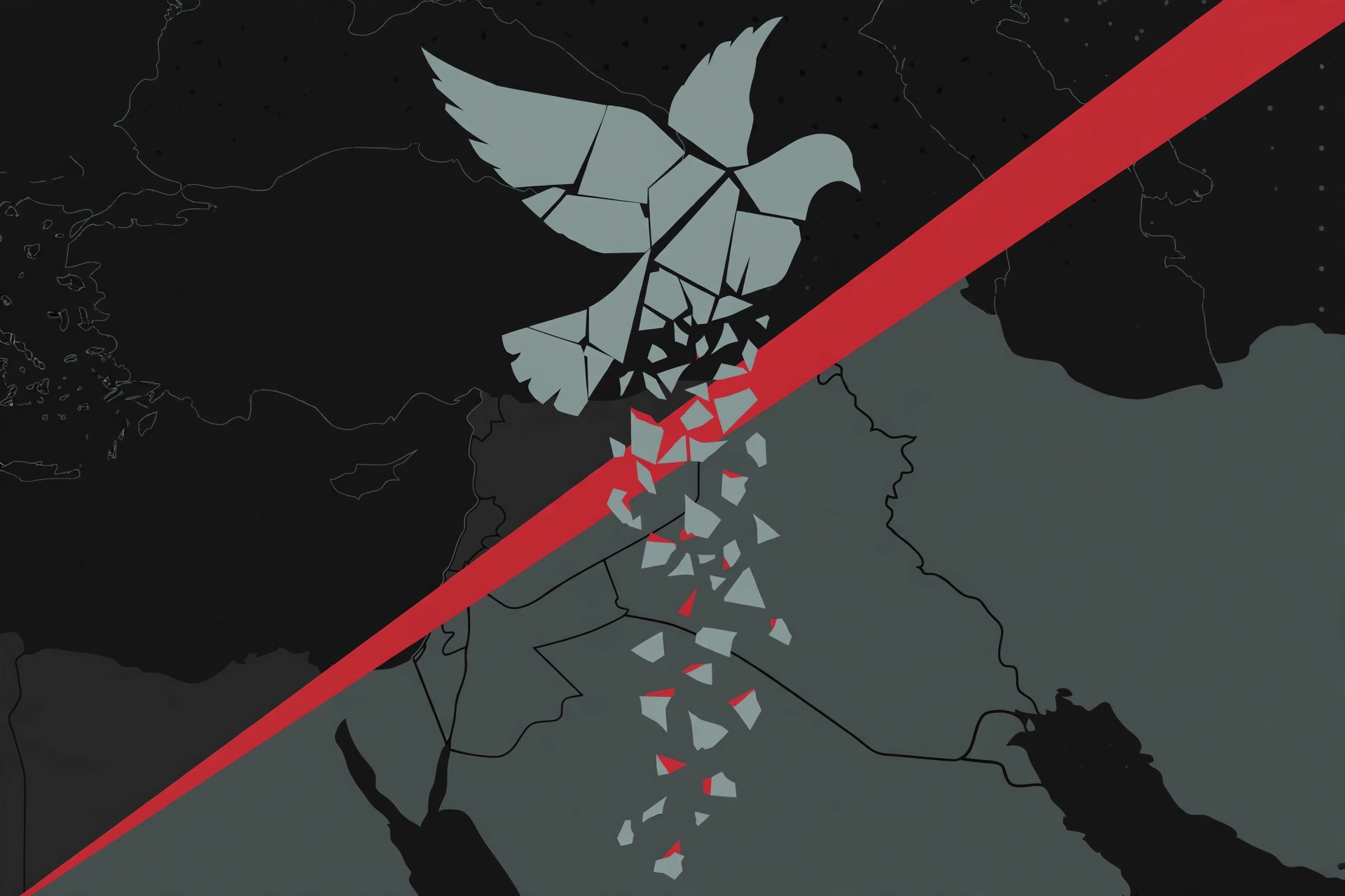 Illustration showing a fractured dove over a map of the Levant, symbolizing the breaking Israel-Lebanon ceasefire
