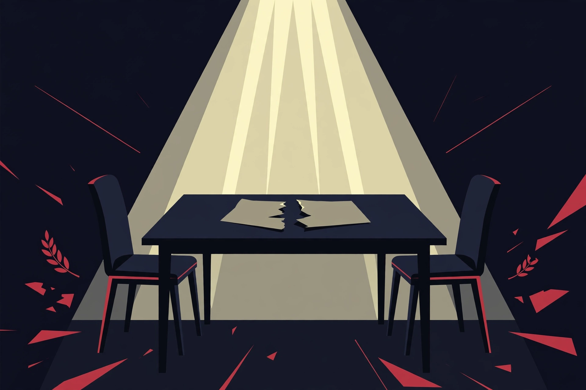 Editorial illustration of a torn document on a negotiation table under a spotlight, symbolizing the collapsing ceasefire diplomacy