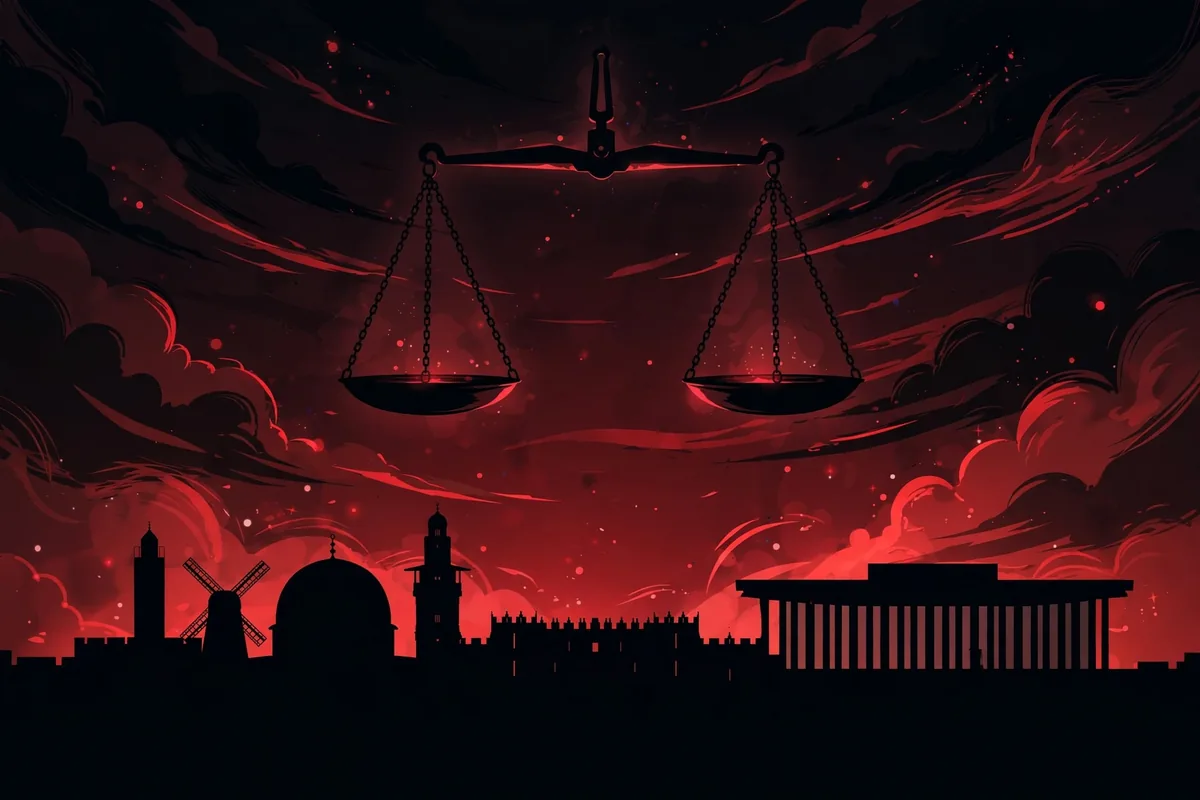 Illustration of the Jerusalem skyline with a balanced scale symbolizing the tight 2026 Israeli election