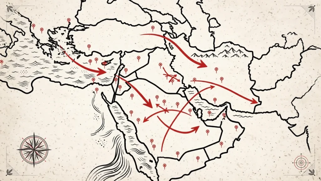 Israel Election Eve: Netanyahu's Iran Warning, 67,000 Fly Home 2 Editorial illustration of a stylised map of the Middle East with route markers, symbolising Israel and the wider region ahead of the October 27 election