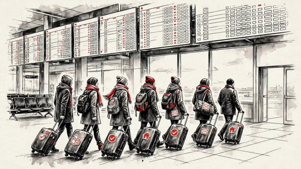 Israel Election Eve: Netanyahu's Iran Warning, 67,000 Fly Home 1 Editorial illustration of travellers with suitcases in an airport terminal, symbolising overseas Israelis flying home to vote in the Israel election