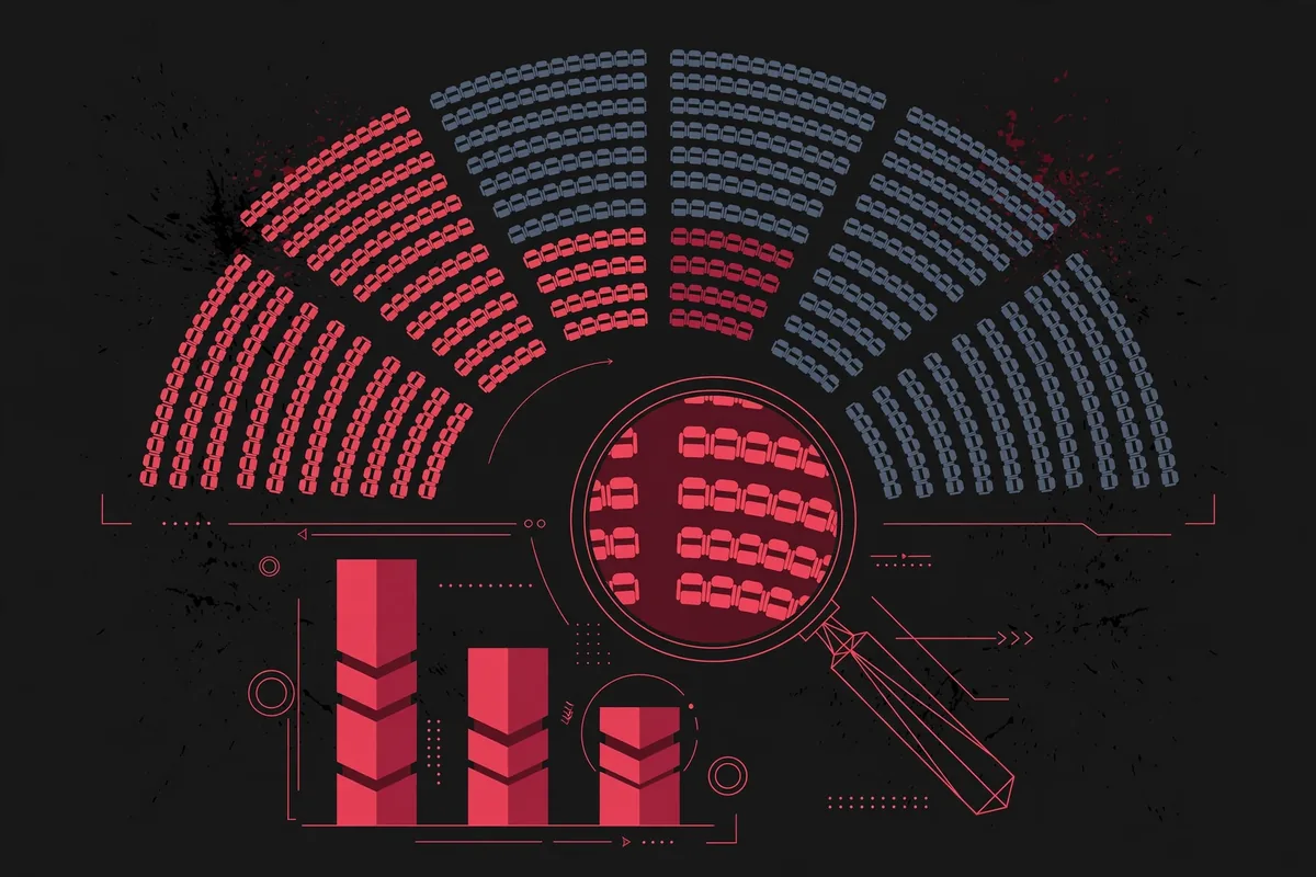Illustration of a parliament chamber with seat blocs representing Israel election polls for October 2026