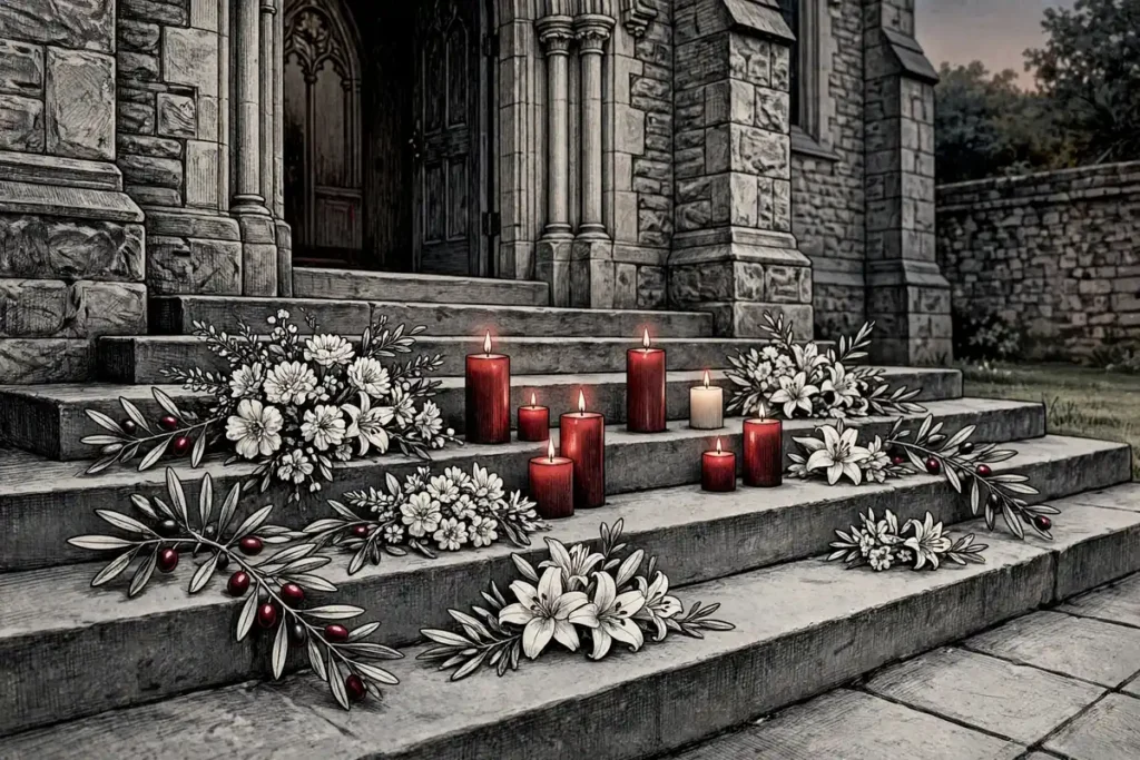 Candles and white flowers laid at the steps of a stone church in southern Jordan
