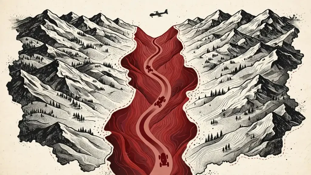 Stylised illustration of a mountain corridor with armoured vehicles on a winding road and a drone overhead