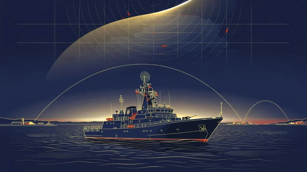 Editorial illustration of a naval patrol vessel on the Caspian Sea along the Trans-Caspian trade corridor, tied to Kazakhstan's military capabilities