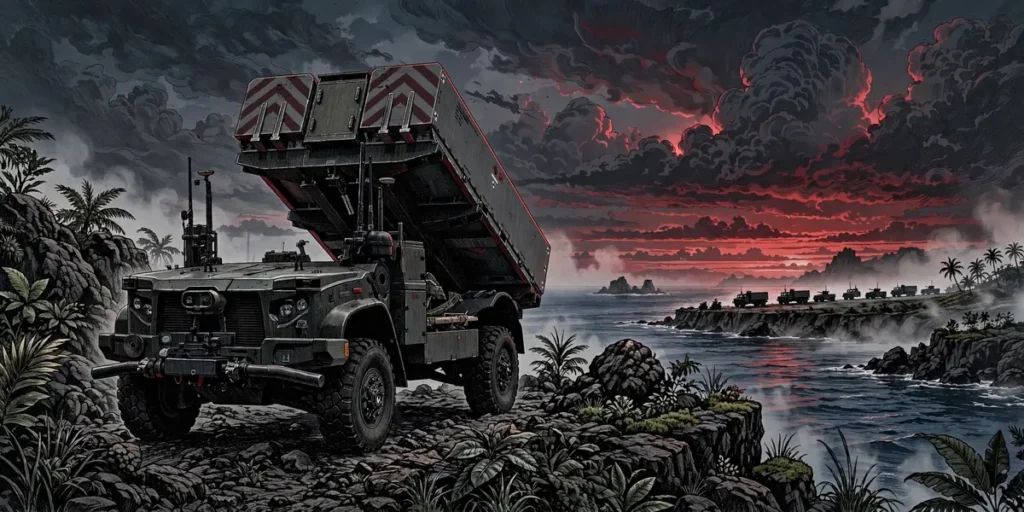 Keen Sword 27 exercise: editorial illustration of an unmanned NMESIS-style missile launcher vehicle on island terrain overlooking the sea