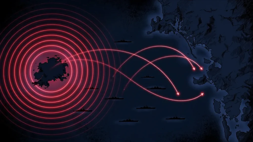 Keen Sword 27 exercise: editorial illustration of missile range rings extending from an island across a sea channel toward a distant coastline