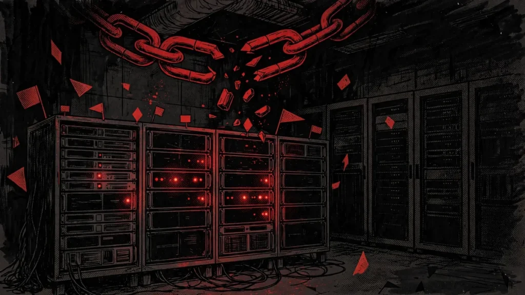 Editorial illustration of seized ransomware servers in a dark server room after Operation KillSwitch