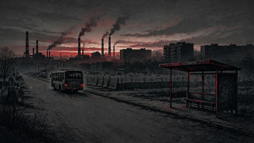 Kramatorsk fortress belt 2026 — quiet street with bus stop in a Donetsk-region city near the front line