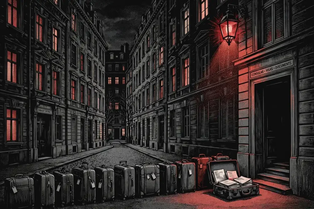 Stylized illustration of an empty embassy doorway with suitcases under a red warning lamp, representing Russia's warning to diplomats to leave Kyiv