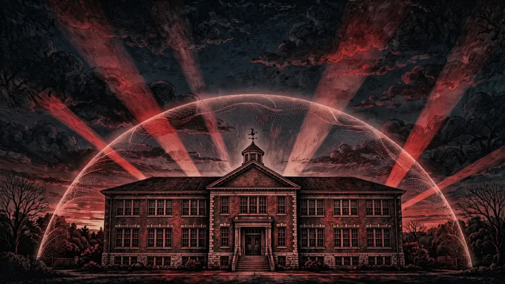 Editorial illustration of a school building under searchlights, symbolizing Putin's no-rules air war on Ukrainian schools