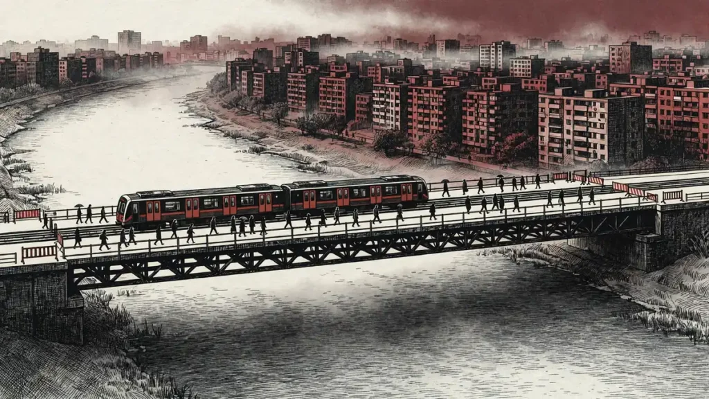 Kyiv's Southern Bridge Hit as the Oleshky Truce Holds 1 Commuters walking across Kyiv's Southern Bridge over the Dnipro after the October 2026 Iskander missile strike closed it to traffic