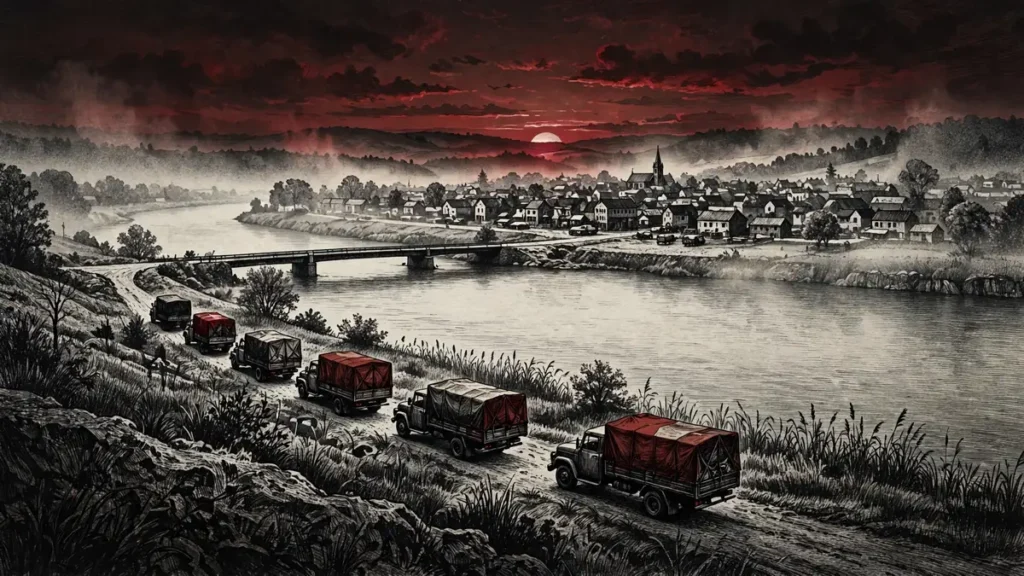 Kyiv's Southern Bridge Hit as the Oleshky Truce Holds 2 Aid trucks heading toward a riverside town across the Dnipro under the October 2026 Oleshky humanitarian truce