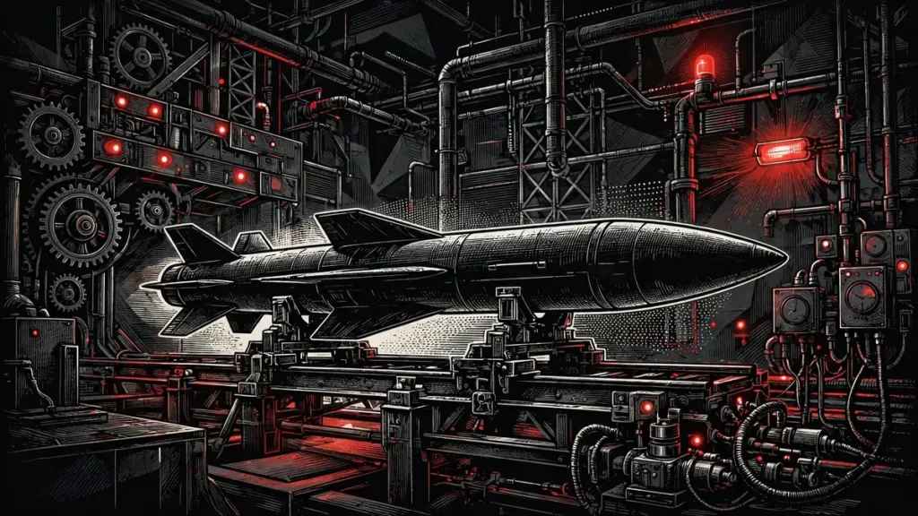 Editorial illustration of a cruise missile on a launch rail in a dark industrial facility, for the Fire Point Flamingo missile story