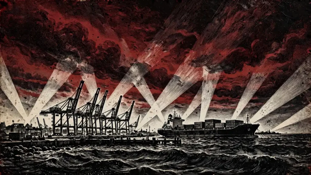 Editorial illustration of a Black Sea port at night with cargo ship and cranes under searchlights, after the October 2026 strikes