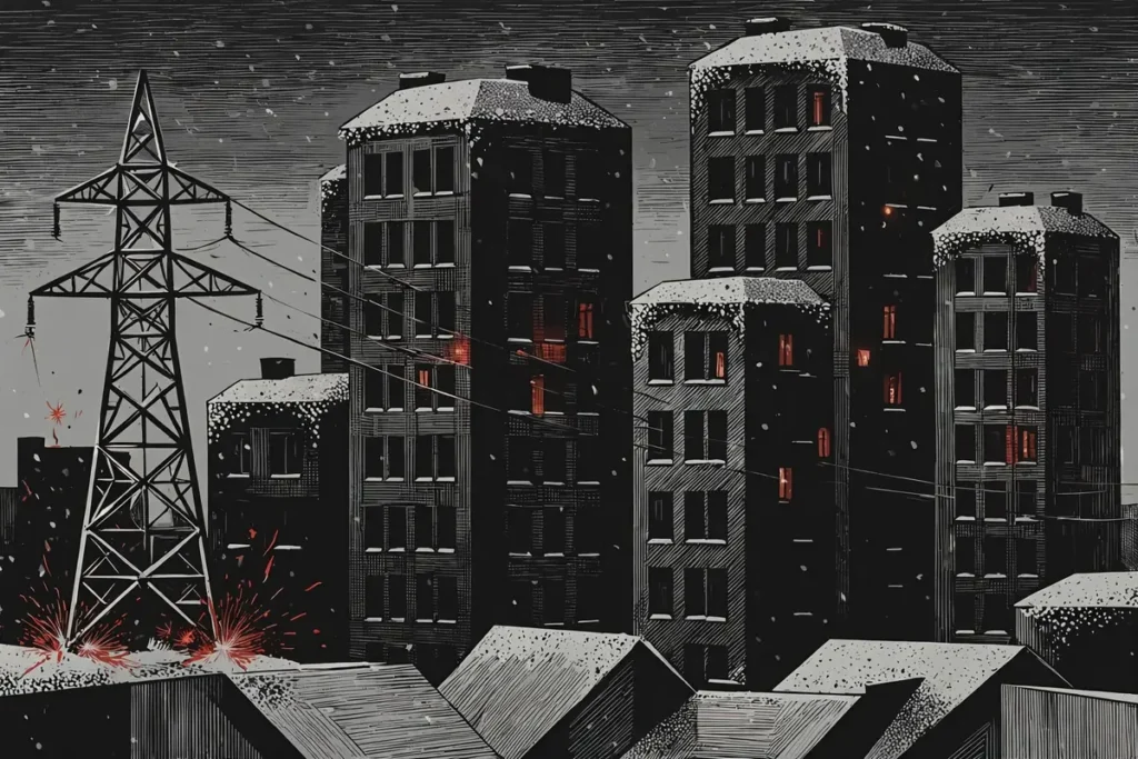 Stylized illustration of a darkened winter city with blackout towers and a damaged power pylon, representing Kyiv's winter energy crisis under air strikes