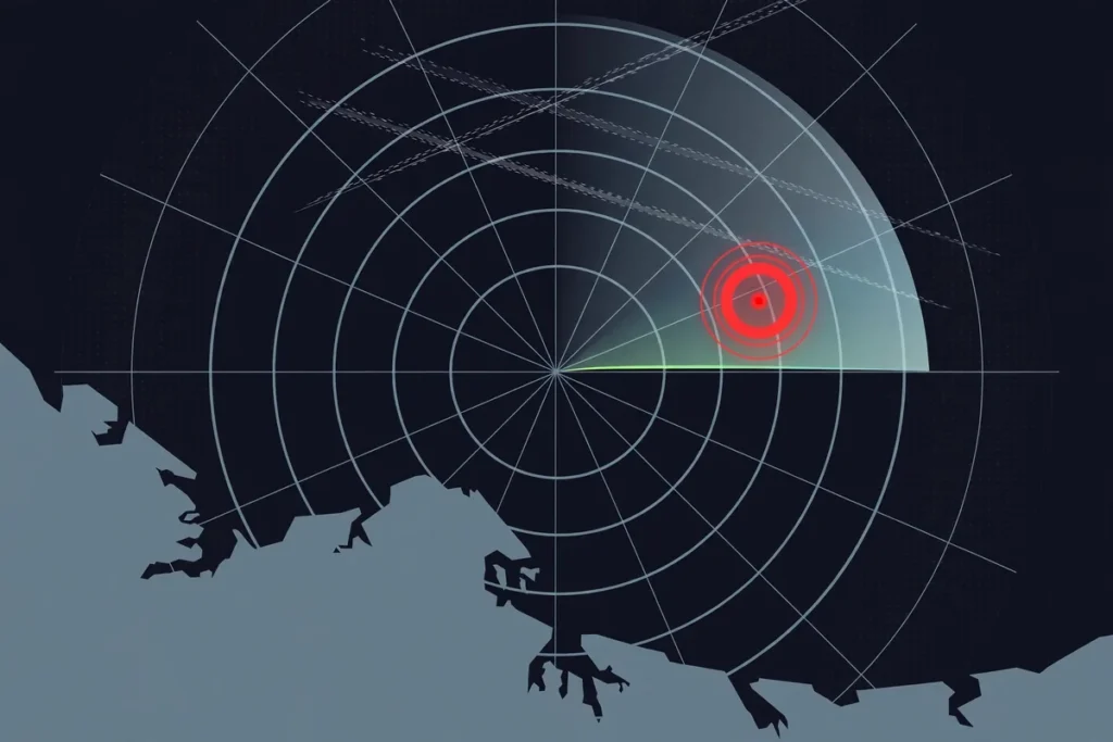 Radar display with red alert ring marking a drone airspace intrusion over Lithuania - NATO air policing assessment