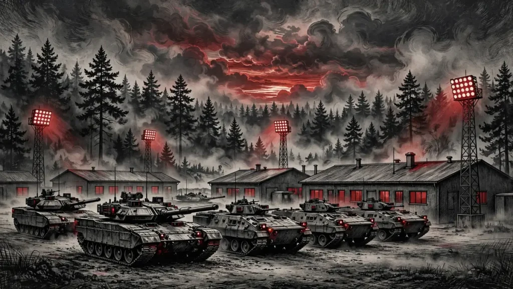 Pabradė training area in Lithuania with US armored vehicles and new barracks for a permanent US military base
