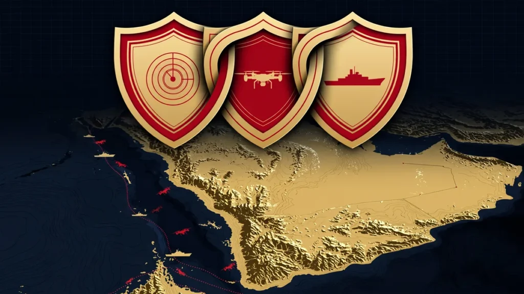 Mecca Defence Agreement collective defence: interlocking shields over Arabian Peninsula map